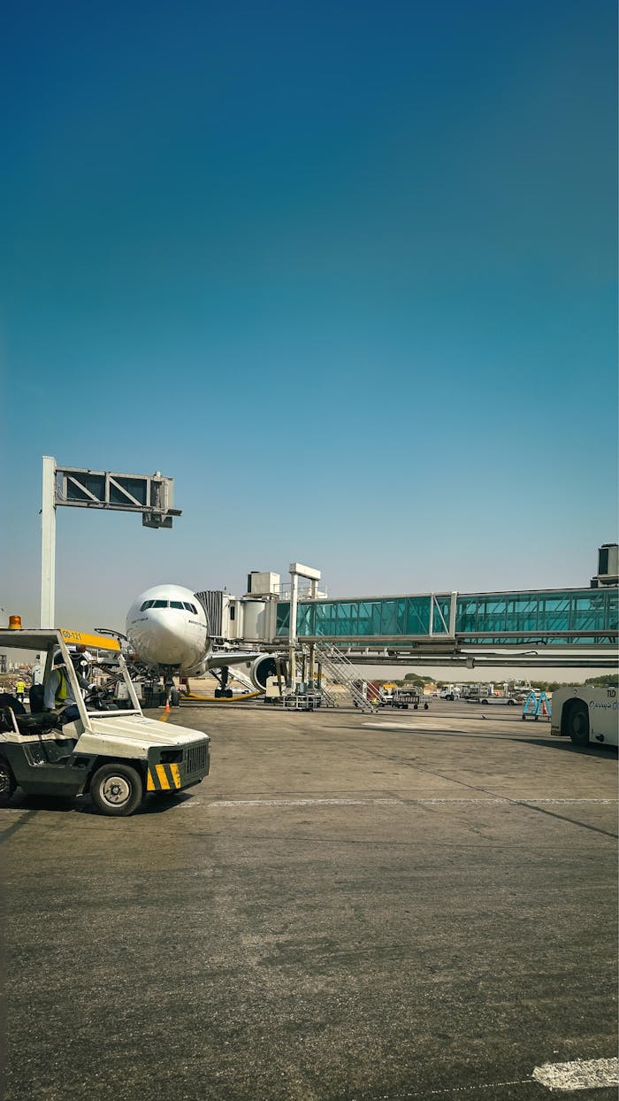 Aircraft parked at Karachi airport apron connected to terminal bridge on a clear day.